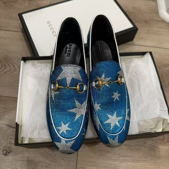 NIB Authentic Gucci Blue Silver Starry Sky Print Lurex Jordaan Loafer - Picture 3 of 4
